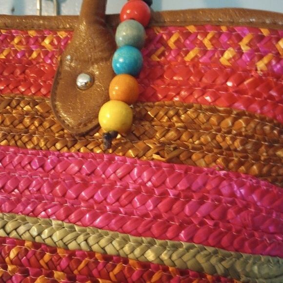 Style & Co large multi colored wicker tote with bead accent & zipper c… - Picture 3 of 10